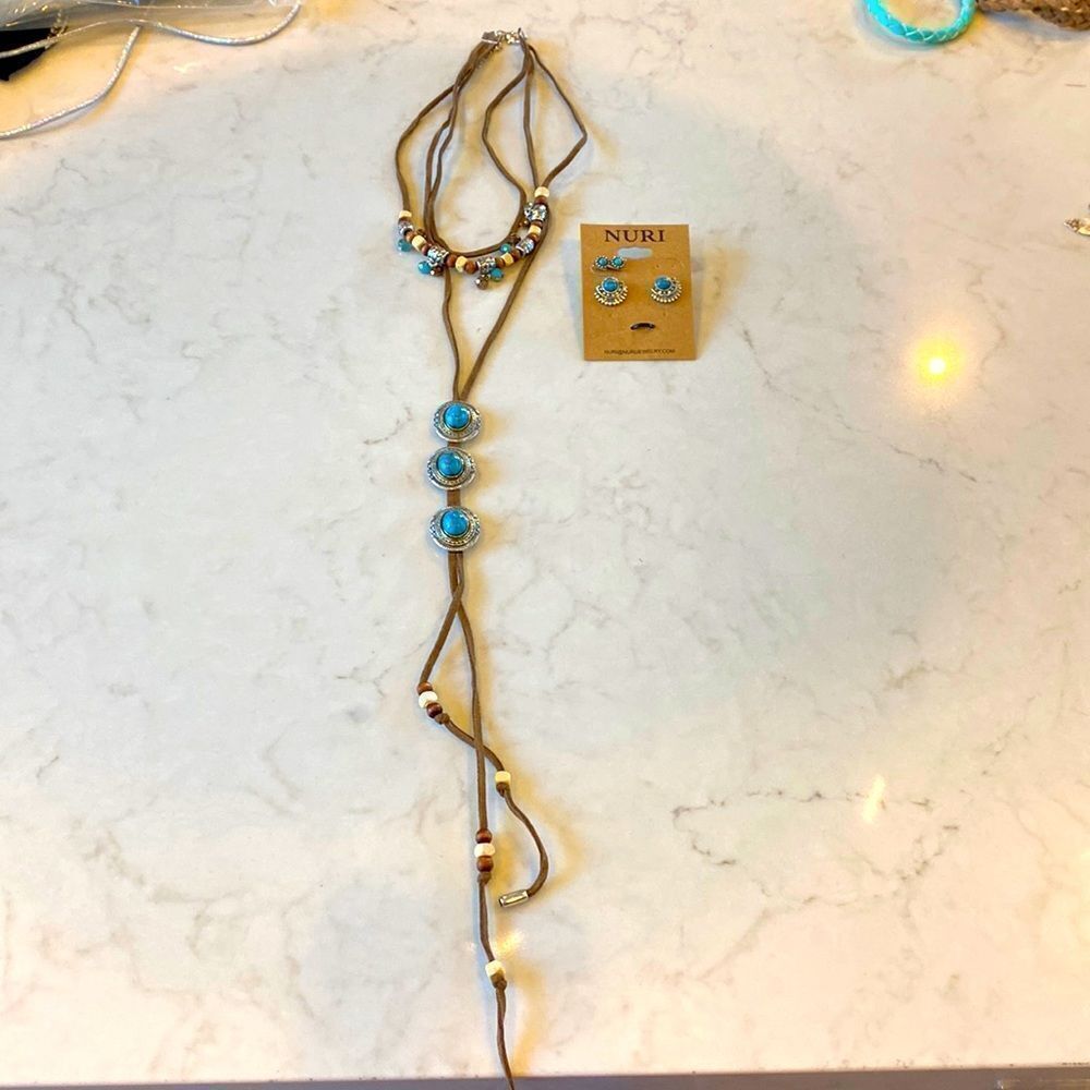 Brown suede faux turquoise concho mixed beads earrings set brand new